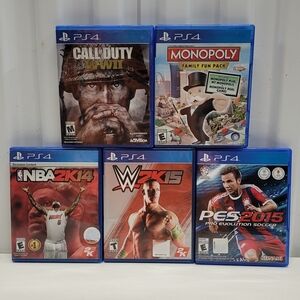 Lot Of 5 PS4 Games: COD WWII, Monopoly, NBA 2K14, WWE 2K15, PES 2015 Complete